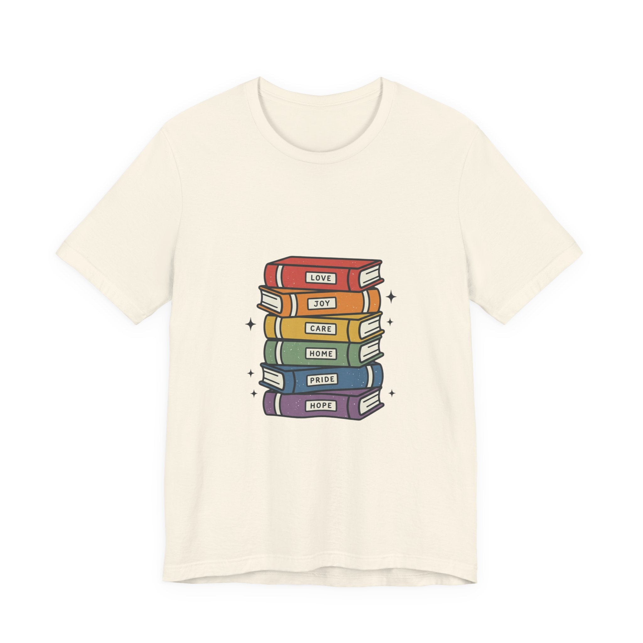 Rainbow Book Stack T-Shirt | Pride graphic, queer affirming tee