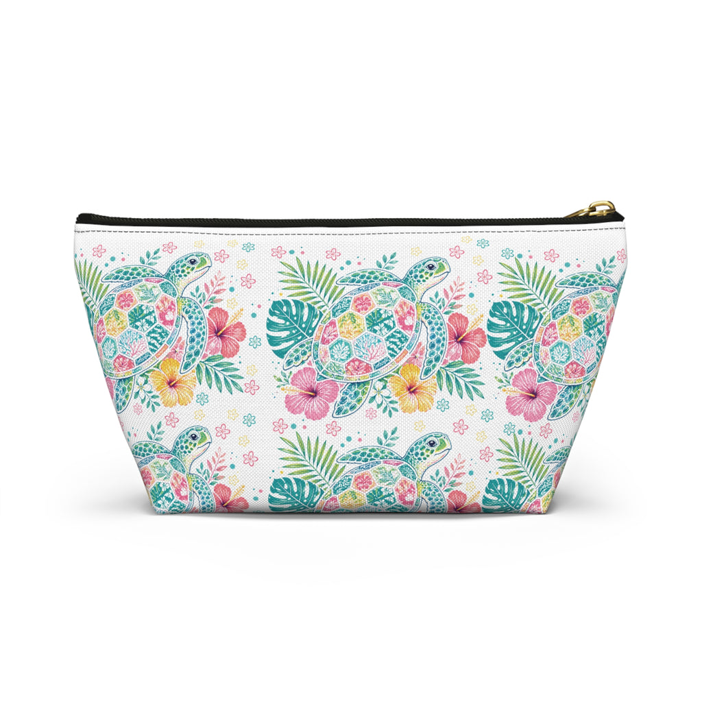 Watercolor Sea Turtle Floral Accessory Pouch | T-Bottom