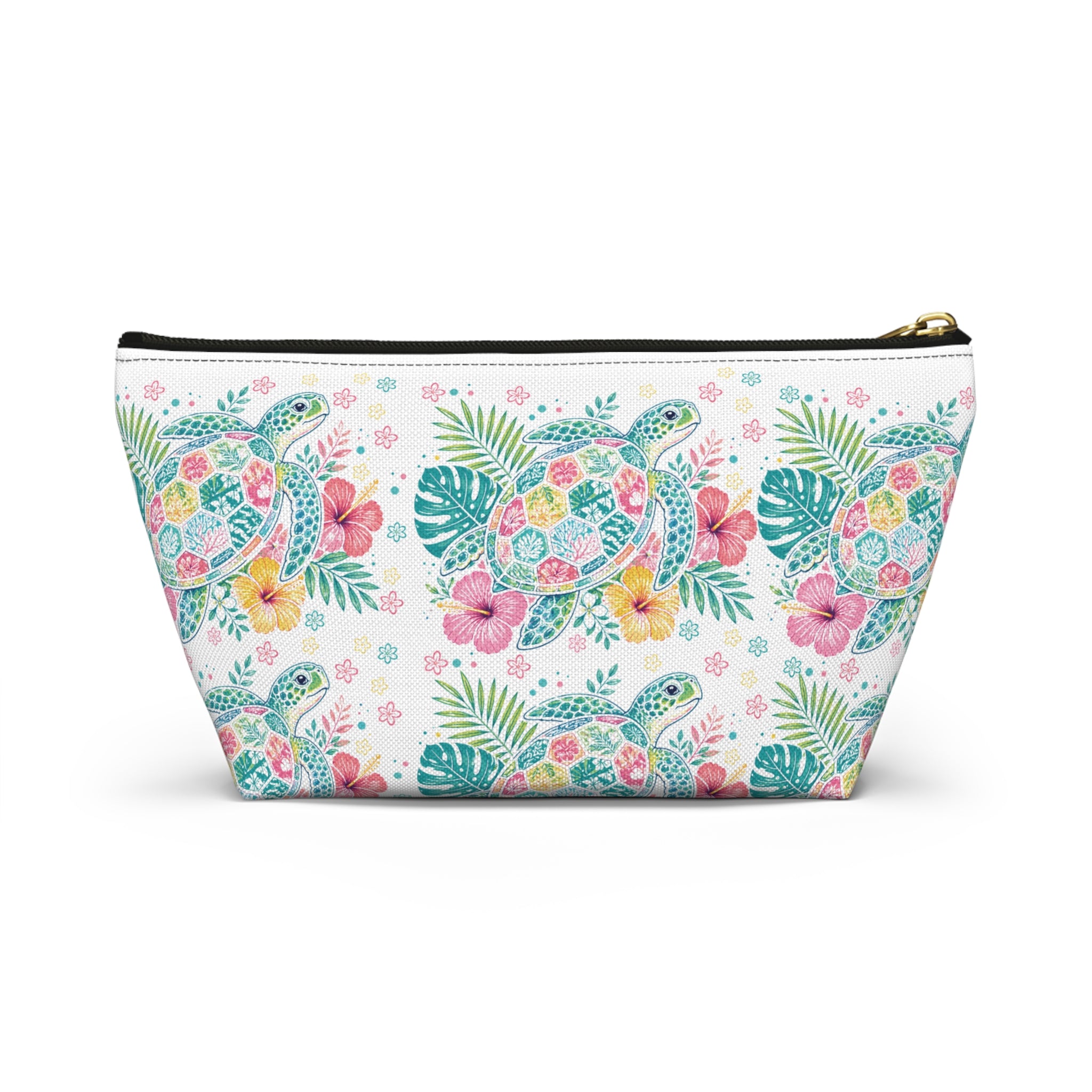 Watercolor Sea Turtle Floral Accessory Pouch | T-Bottom