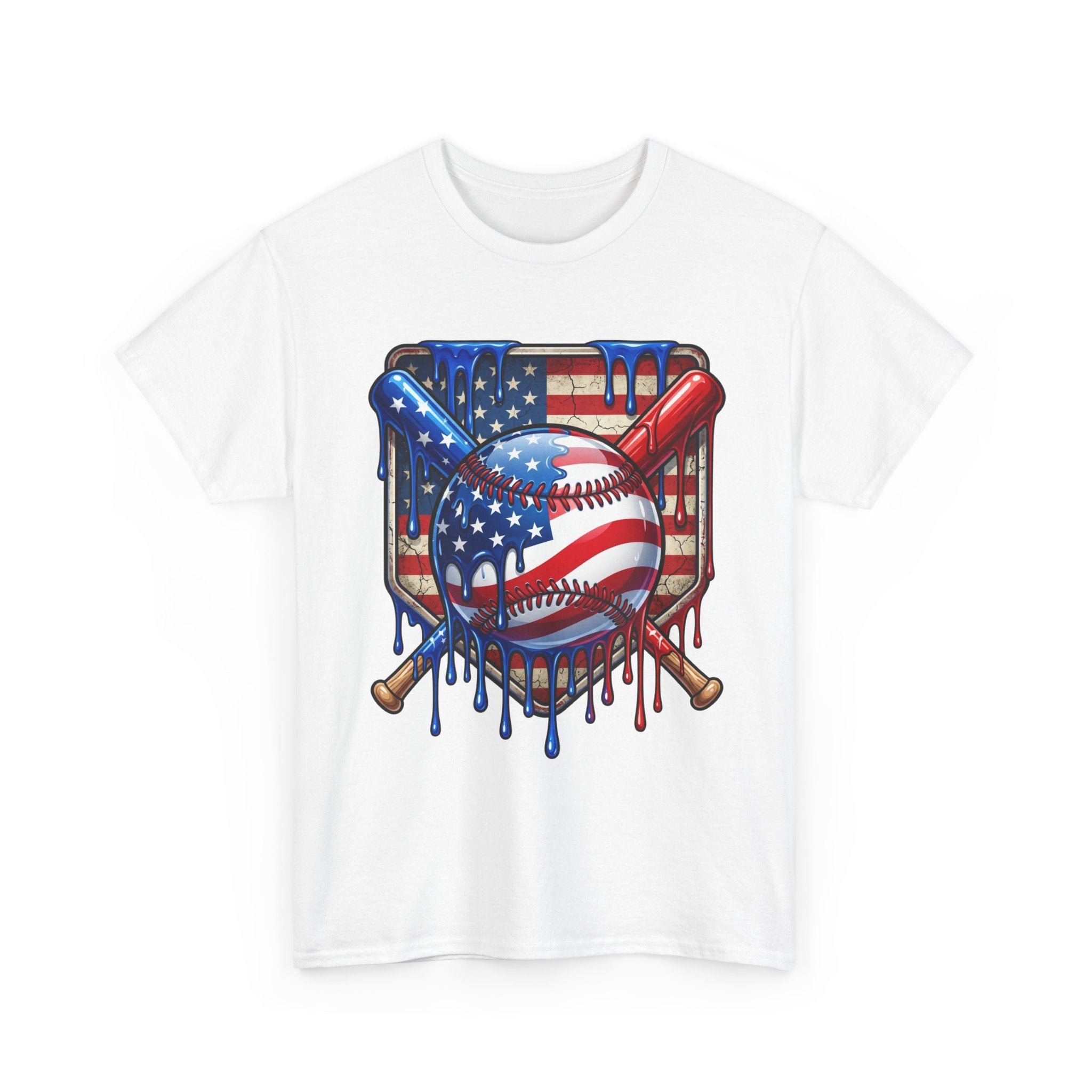 American Flag Baseball T-Shirt | USA patriotic baseball heart, dripping paint, bats, Fourth of July
