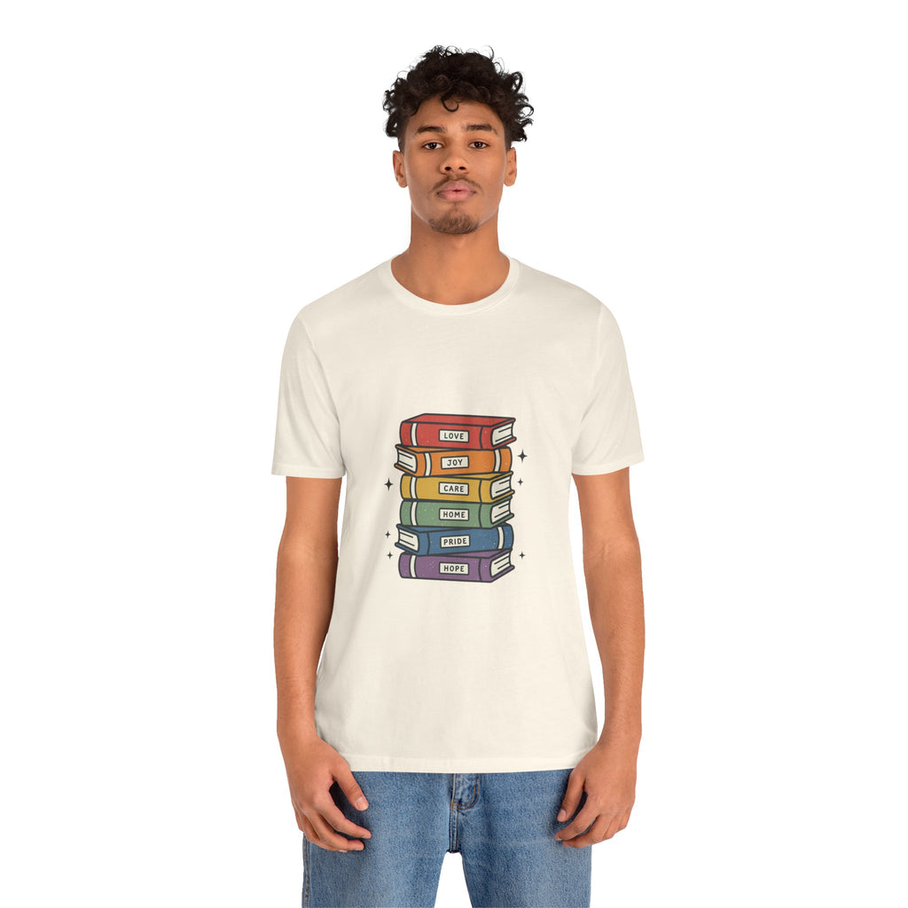 Rainbow Book Stack T-Shirt | Pride graphic, queer affirming tee