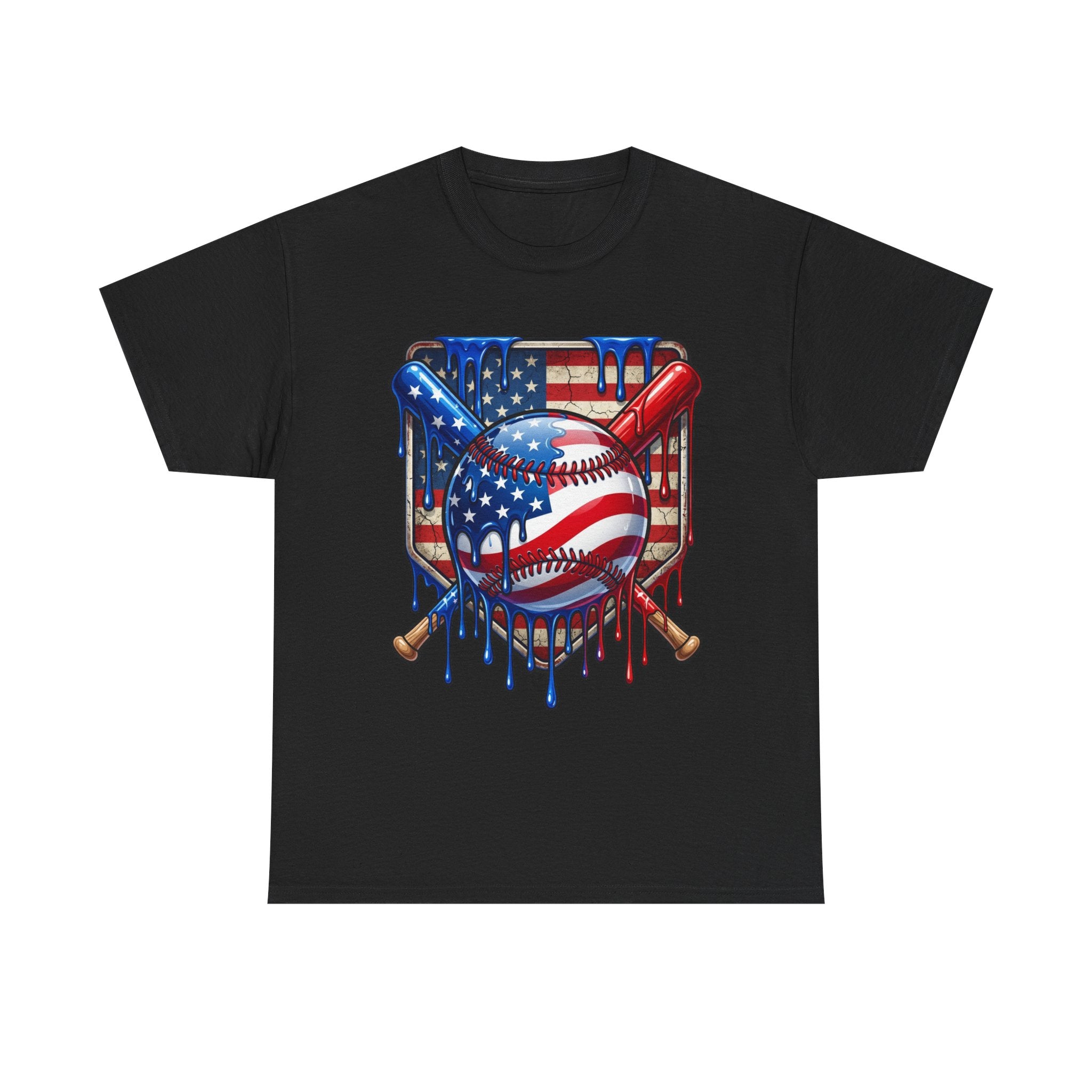 American Flag Baseball T-Shirt | USA patriotic baseball heart, dripping paint, bats, Fourth of July