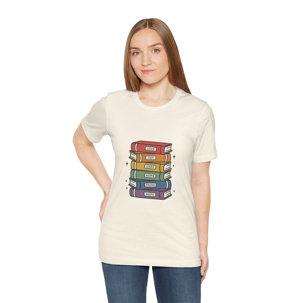 Rainbow Book Stack T-Shirt | Pride graphic, queer affirming tee