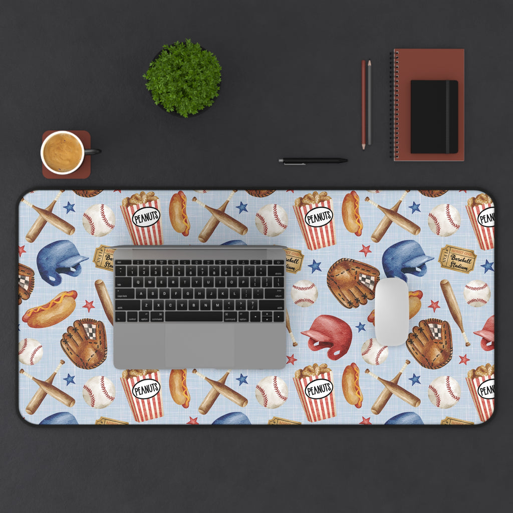 Baseball Pattern Desk Mat | Helmets, Gloves, Bats, Popcorn