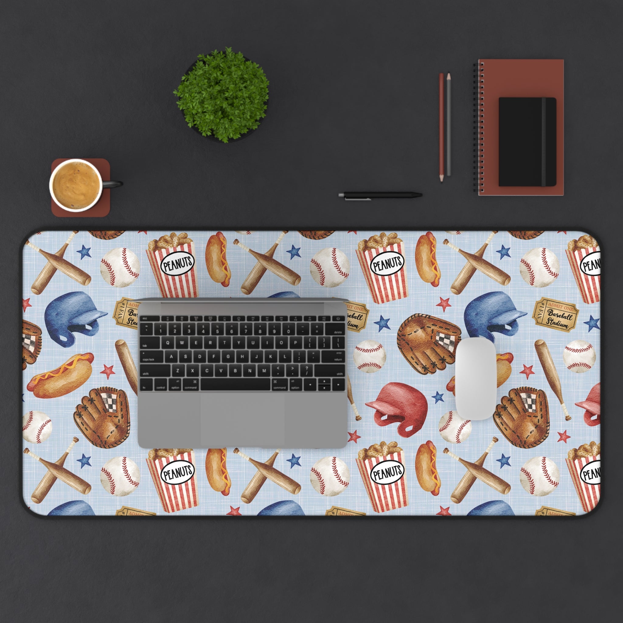 Baseball Pattern Desk Mat | Helmets, Gloves, Bats, Popcorn