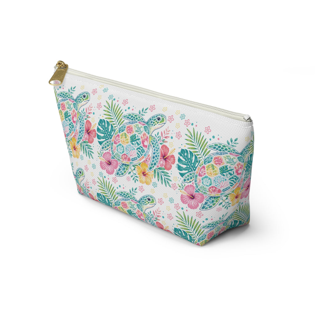 Watercolor Sea Turtle Floral Accessory Pouch | T-Bottom
