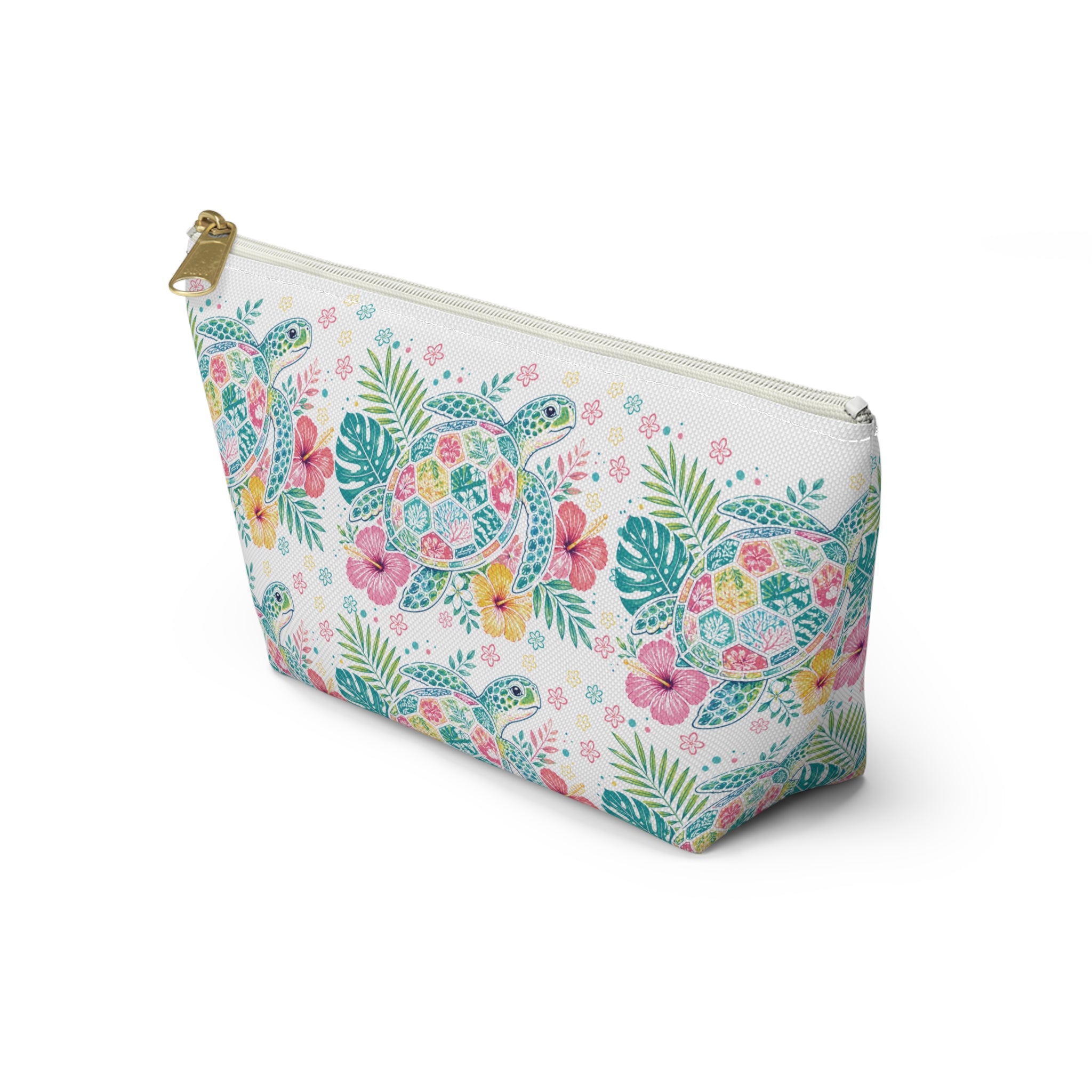 Watercolor Sea Turtle Floral Accessory Pouch | T-Bottom