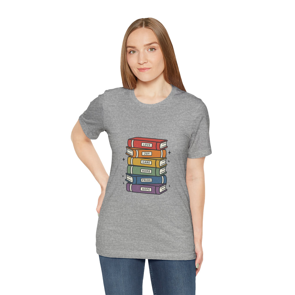 Rainbow Book Stack T-Shirt | Pride graphic, queer affirming tee