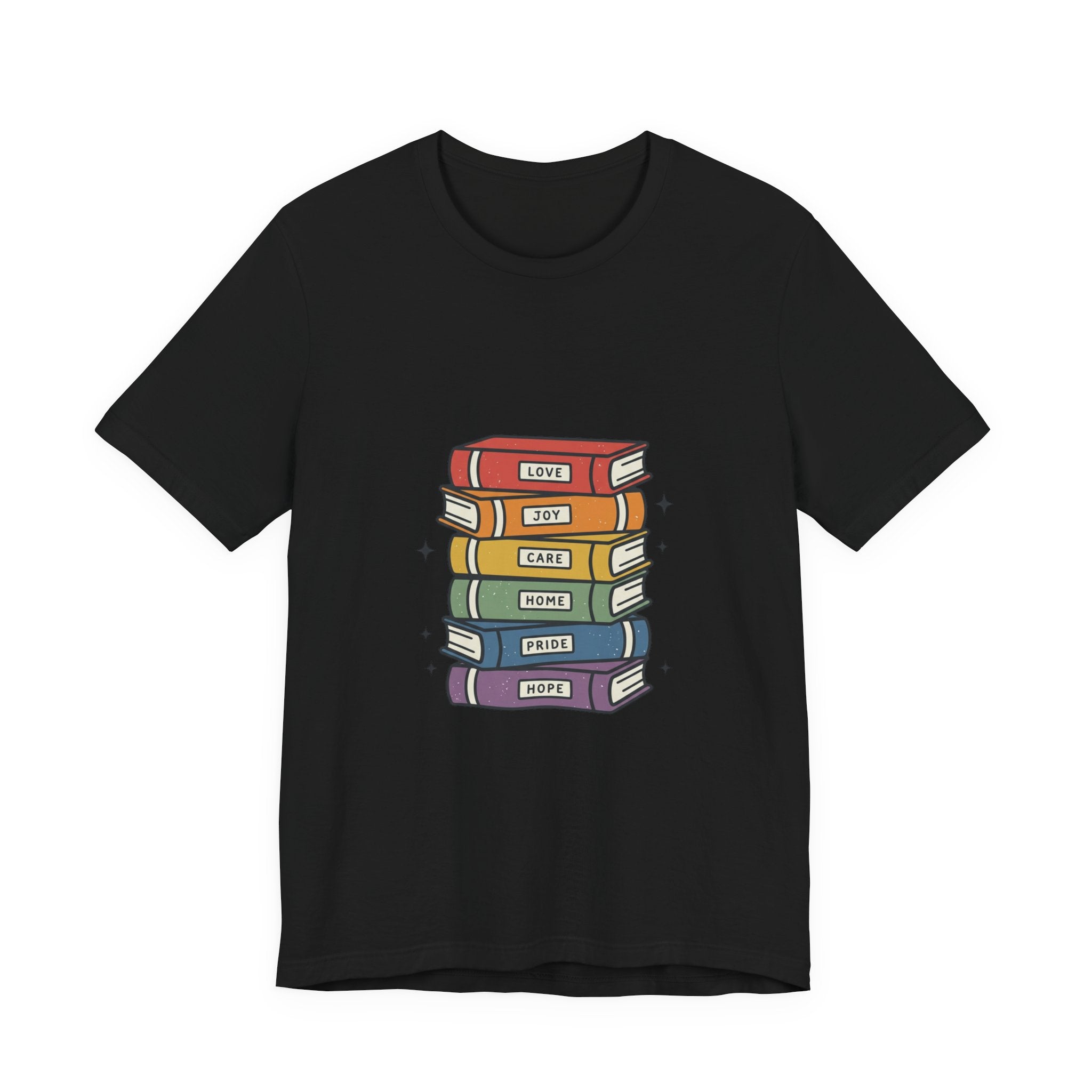 Rainbow Book Stack T-Shirt | Pride graphic, queer affirming tee