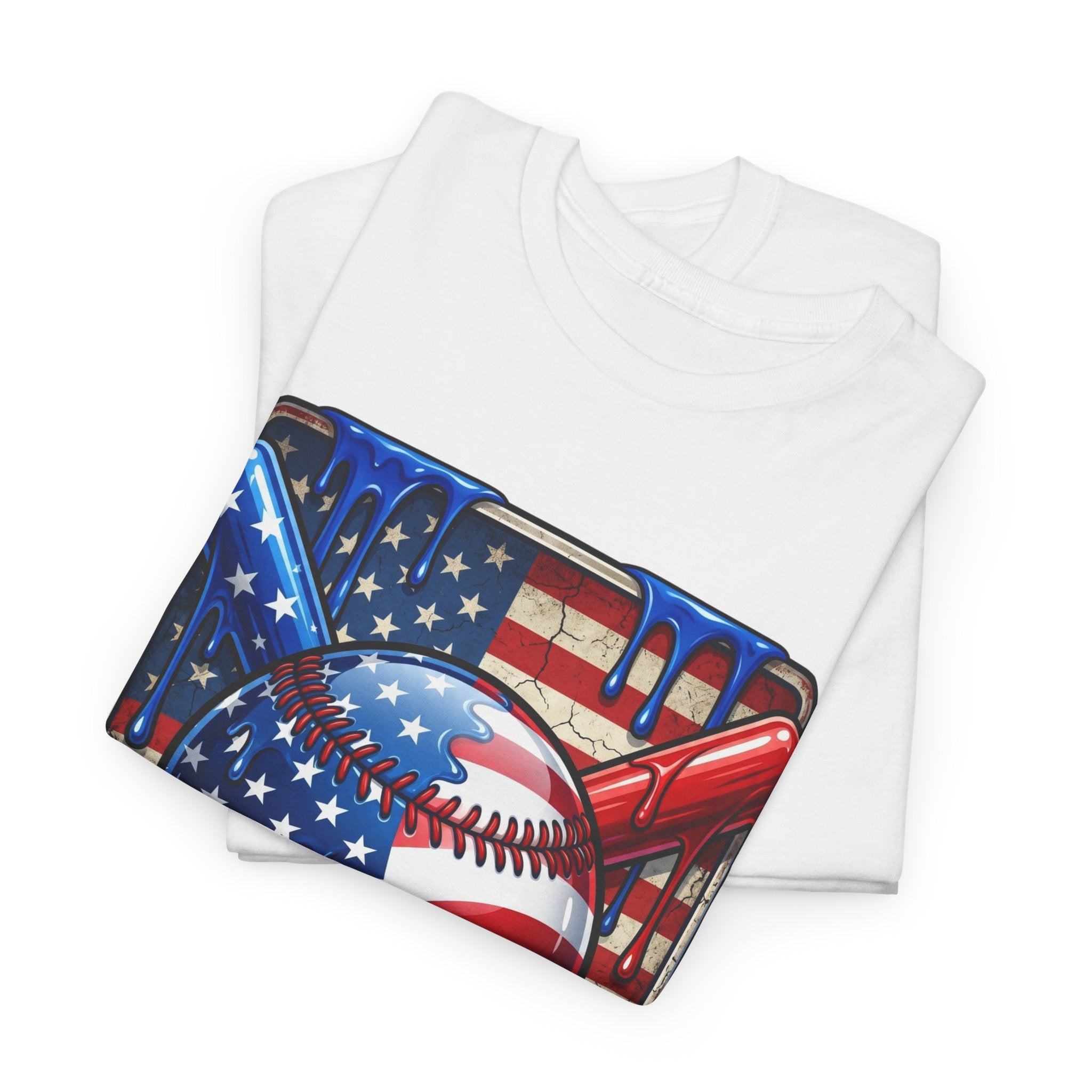American Flag Baseball T-Shirt | USA patriotic baseball heart, dripping paint, bats, Fourth of July