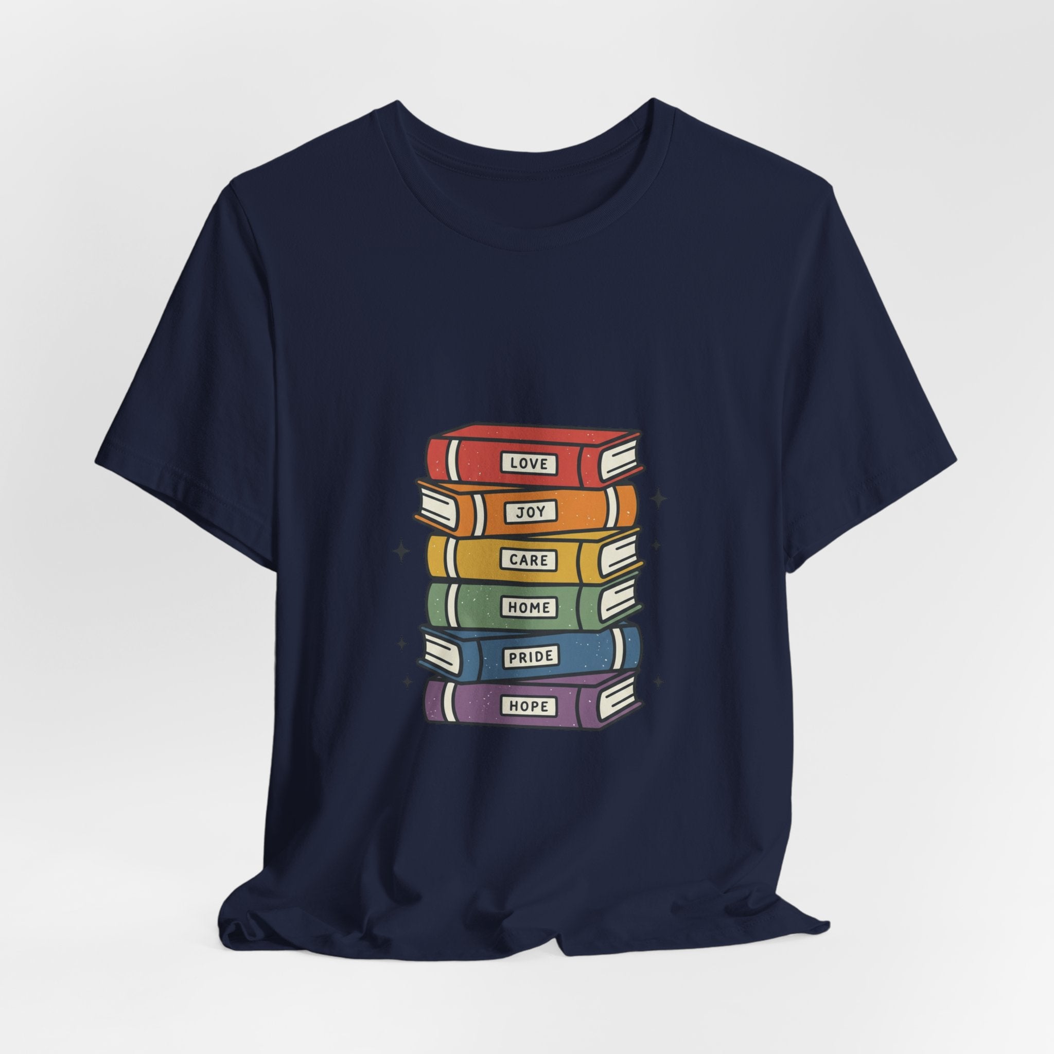 Rainbow Book Stack T-Shirt | Pride graphic, queer affirming tee